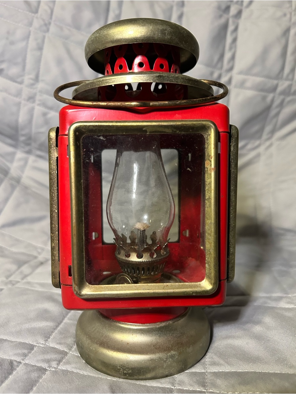 Vintage 1960s red and brass carriage hurricane lantern